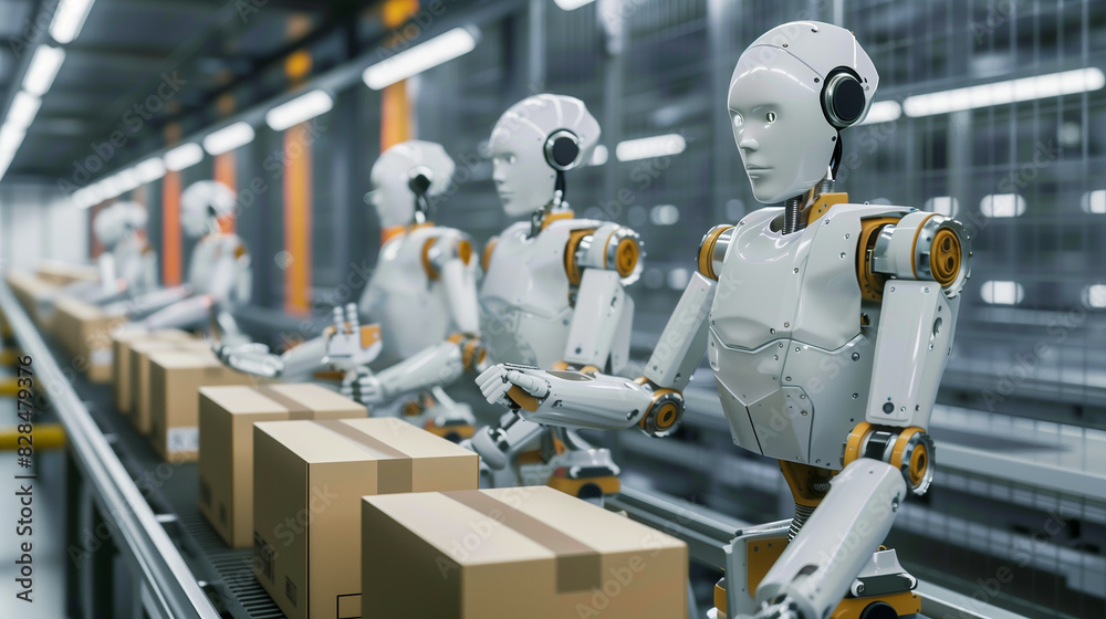 Naklejka premium A robot is working on a conveyor belt in a factory. The robot is white and has blue eyes. There are several other robots in the scene, all working on the same conveyor belt