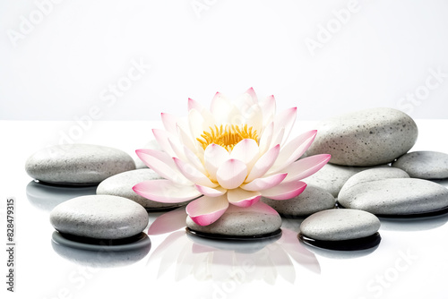 Pink Lotus Flower and Grey Stones on a White Background