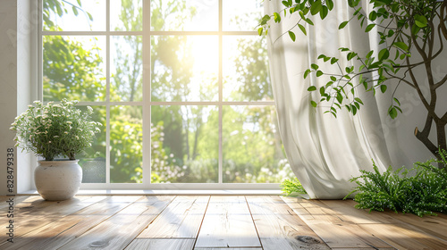 White empty room with summer landscape in window. Scandinavian interior design. 3D illustration 