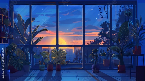 Peaceful Sunset Through Large Window with Indoor Plants and City Skyline