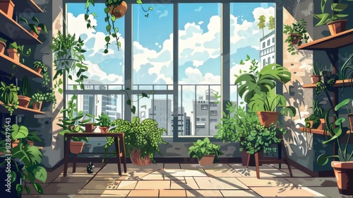 Sunlit Urban Apartment with Indoor Greenery and Potted Plants by Large Window