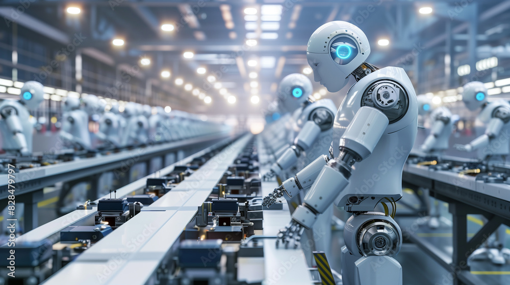 A robot is working on a conveyor belt in a factory. The robot is white and has blue eyes. There are several other robots in the scene, all working on the same conveyor belt A robot is working on a conveyor belt in a factory. The robot is white and has blue eyes. There are several other robots in the scene, all working on the same conveyor belt