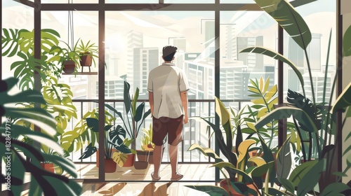 Man Relaxing in Urban Jungle Balcony with Cityscape View and Lush Greenery in the Morning Light