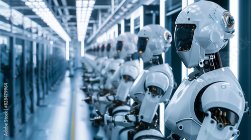 Wallpaper Mural A robot is working on a conveyor belt in a factory. The robot is white and has blue eyes. There are several other robots in the scene, all working on the same conveyor belt Torontodigital.ca