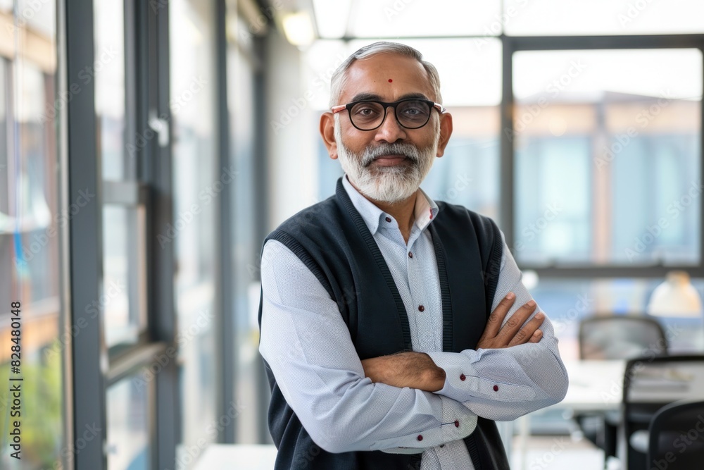 mature indian businessman standing at office mature indian businessman standing at office