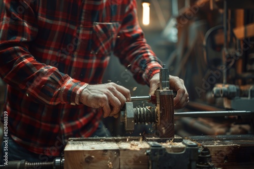 Hands of carpenter. The man dressed in red plaid shirt and in jeans. He working on lathe. The man is working with a cutter carving a wooden detail. Shooting in a wood workshop © Ahmed