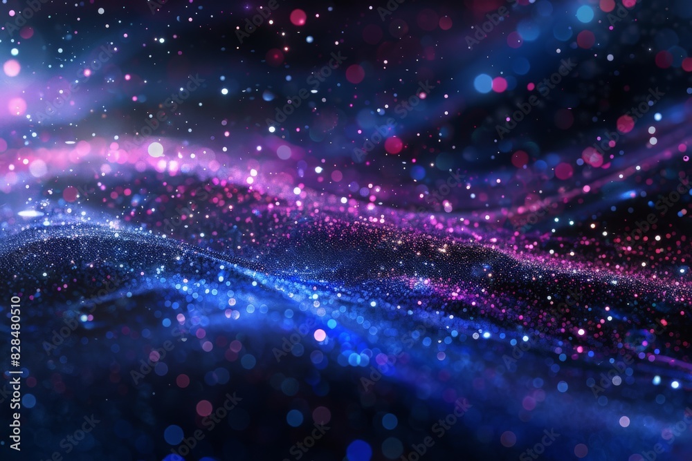 Obraz premium Lots of bright shining dots and particles are forming volatile pattern on a black background. Abstract background, three dimensional digitally generated picture