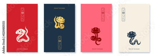 Happy Chinese New Year 2025 with Snake zodiac card template. Lunar new year sign. Paper cut style on white background. Chinese text means "Year of the Snake".
