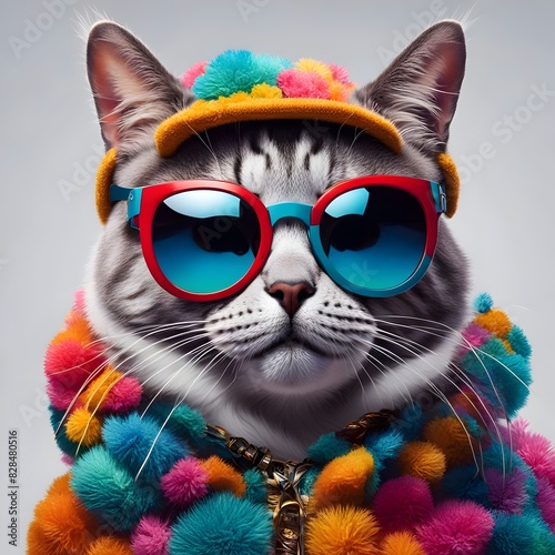 cat-wearing-colorful-clothes-and-sunglasses-dancing-on-the--white-background
