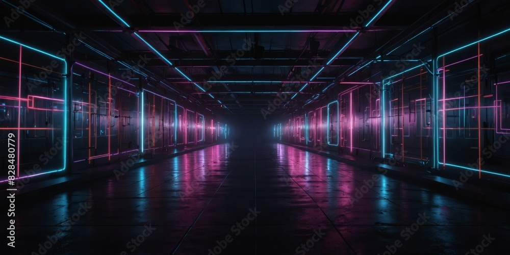 Energetic neon lights in a digital tunnel, shaping a futuristic backdrop with network lines.