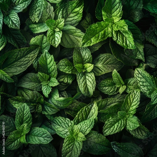 Many fresh peppermint leaves texture background  fragrant spices pattern  Mentha piperita mockup