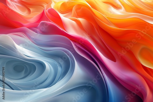 A colorful, abstract painting of a flowing fabric with a blue and white swirl