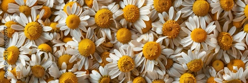 Chamomile flower texture background, dry Matricaria chamomilla flowers pattern, blooming white head photo