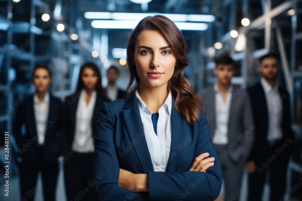 A successful business woman stands smiling with her arms crossed. My background is as a member of a team supporting successful work. A successful business woman stands smiling with her arms crossed. My background is as a member of a team supporting successful work.