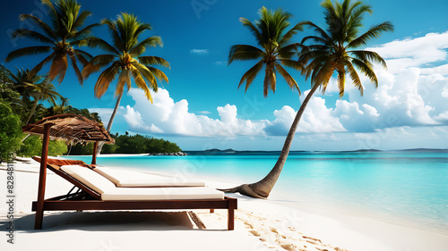 A pristine tropical beach with wood bed white sand and crystal-clear turquoise water. Palm trees line the shore, gently swaying in the breeze. The sky is bright blue with a few fluffy clouds, © Farhan
