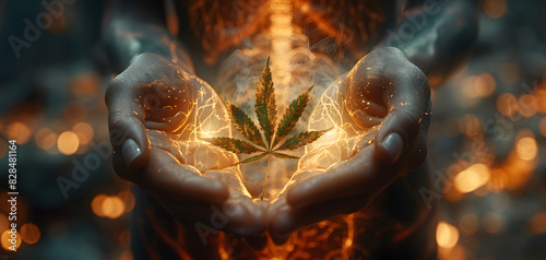 Hands holding a cannabis leaf over a glowing human body. (Representing healing and wellness). Ai Generated