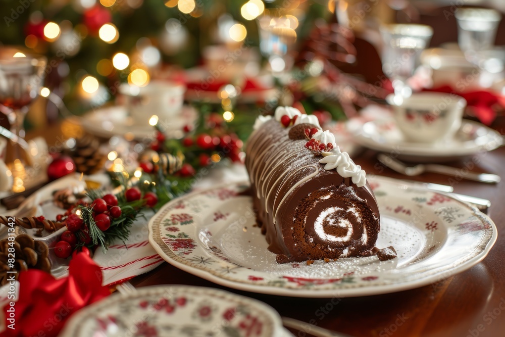 Festive Holiday Table with Chocolate Yule Log and Decorated Plates for Christmas Celebration Design
