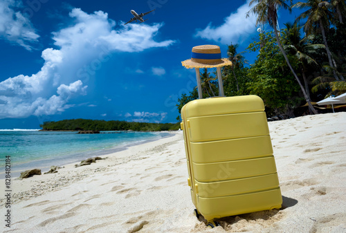 The yellow luggage on the beach- summer travel concept © SASITHORN