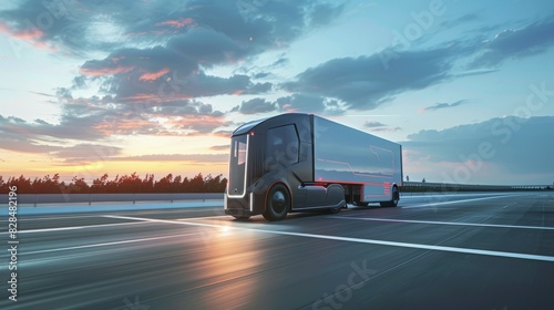 A concept of a self-driving delivery truck on a highway, logistics, dynamic and dramatic compositions, with copy space © Otseira