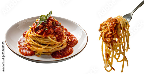 Italian Spaghetti noodles with sauce bolognese wrapped around fork and hanging, plate, isolated transparent PNG cutout, Italian food