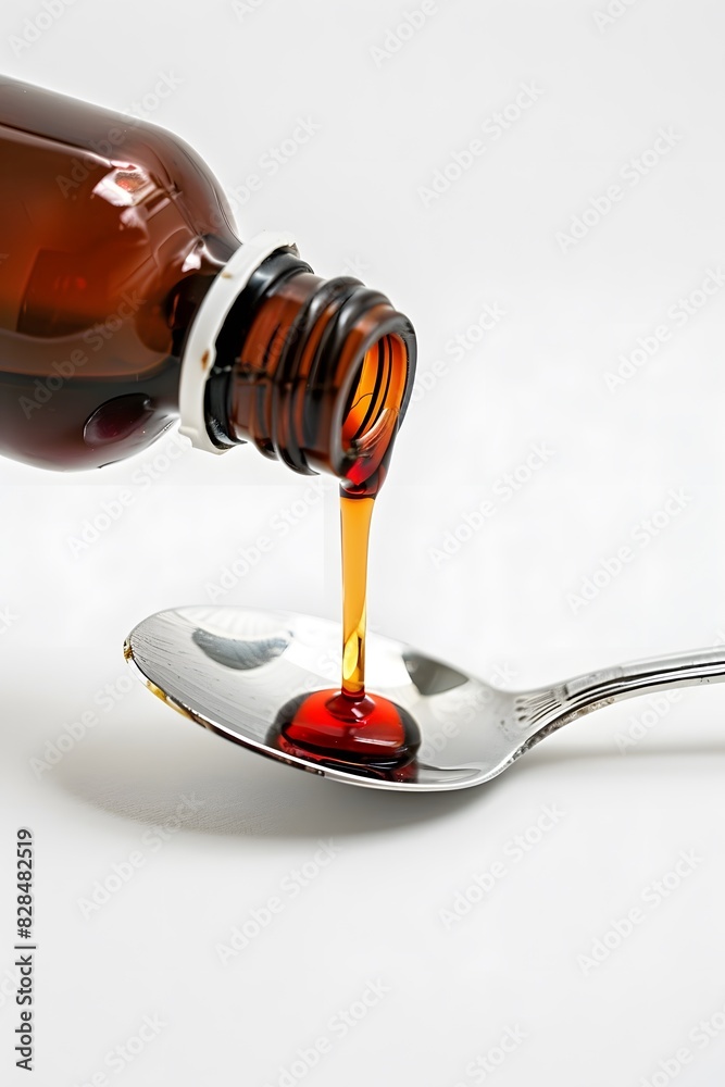 Red liquid medicine being poured from an amber bottle into the spoon on white background Red liquid medicine being poured from an amber bottle into the spoon on white background