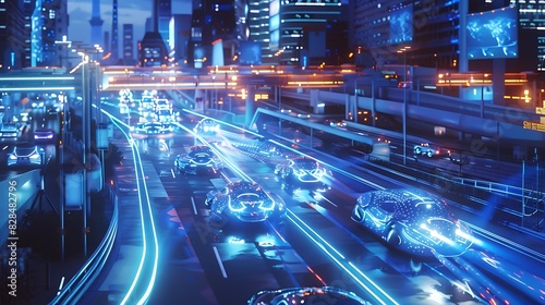 A futuristic city with flying electric cars powered by a network of visible energy beams
