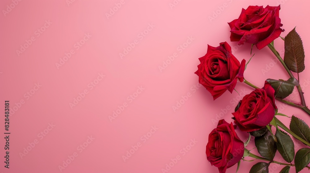 Red roses are displayed on a pink background Red roses are displayed on a pink background