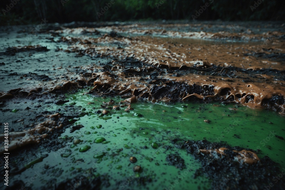 A green liquid is flowing over a muddy ground
