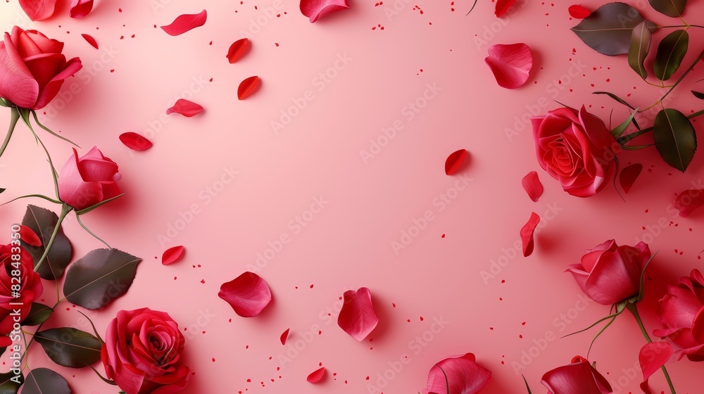 Red roses are displayed on a pink background Red roses are displayed on a pink background