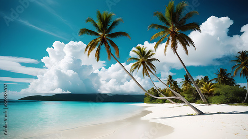 A pristine tropical beach with wood bed white sand and crystal-clear turquoise water. Palm trees line the shore  gently swaying in the breeze. The sky is bright blue with a few fluffy clouds 