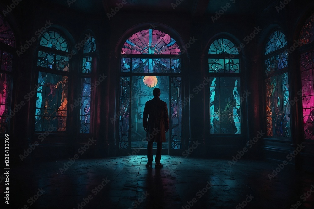A man stands in a dark room with colorful stained glass windows