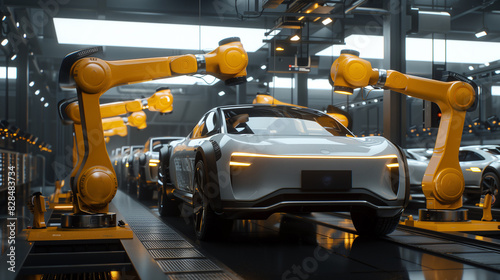 A futuristic car factory with three cars on a conveyor belt. The cars are all different colors and designs, and they are all moving along the conveyor belt. The scene is very dynamic and futuristic