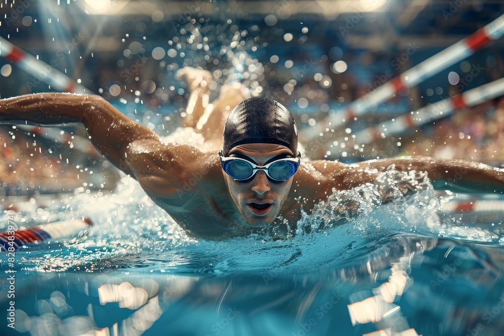 Intense Professional Swimmer in Mid-Butterfly Stroke at Indoor Competition - Sports Photography for Print, Posters, or Digital Use