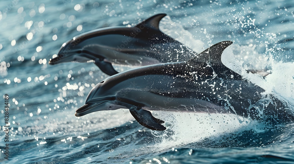 Obraz premium dolphins leaping out of the water, their sleek bodies glistening in the sunlight against a backdrop of the open ocean.
