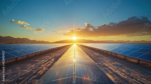 A solar farm in the desert with rows of solar panels glistening under the sun