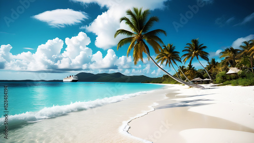 A pristine tropical beach with wood bed white sand and crystal-clear turquoise water. Palm trees line the shore  gently swaying in the breeze. The sky is bright blue with a few fluffy clouds 