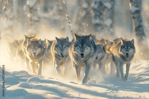 a pack of wolves in mid-hunt  moving stealthily through a snow-covered forest  their breath visible in the cold air.