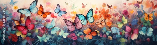 A vivid painting of colorful butterflies fluttering over blooming flowers, creating a vibrant and lively natural scene.