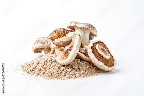 Close-up of Fresh Mushrooms with Powdered Mushroom photo