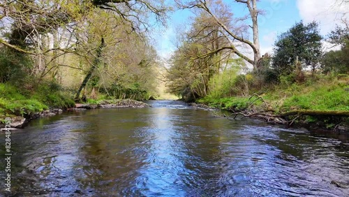 Drone flying under the medieval Newbridge over the River Dart in Dartmoor, Devon, England, UK photo