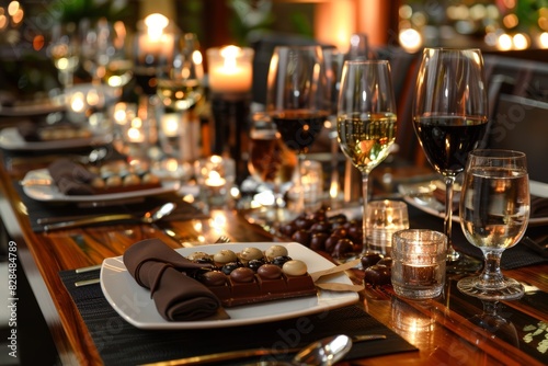 Elegant Dining Table Set for a Chocolate Themed Tasting Menu Event with Candles and Wine Pairings for a Luxurious Experience