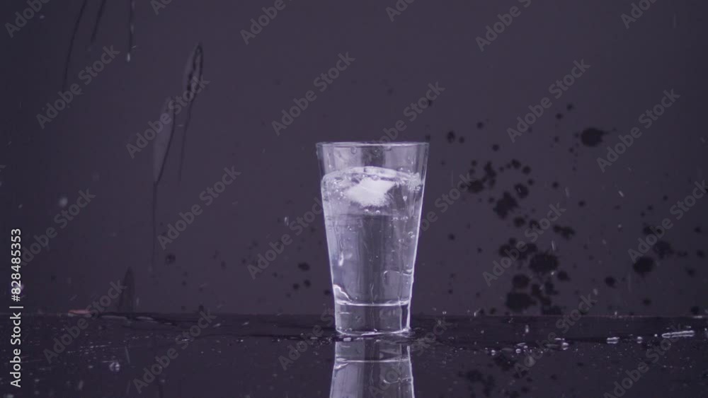 Ice-cube falling into glass of water on a reflective surface making big ...