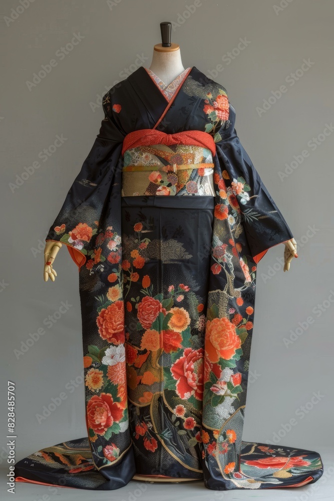 A woman wearing a black kimono with red and orange floral patterns. A woman wearing a black kimono with red and orange floral patterns.