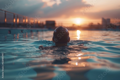 Early Morning Swimmer Practicing in Empty Pool at Sunrise - Tranquil and Focused Atmosphere for Inspirational Sports Photography