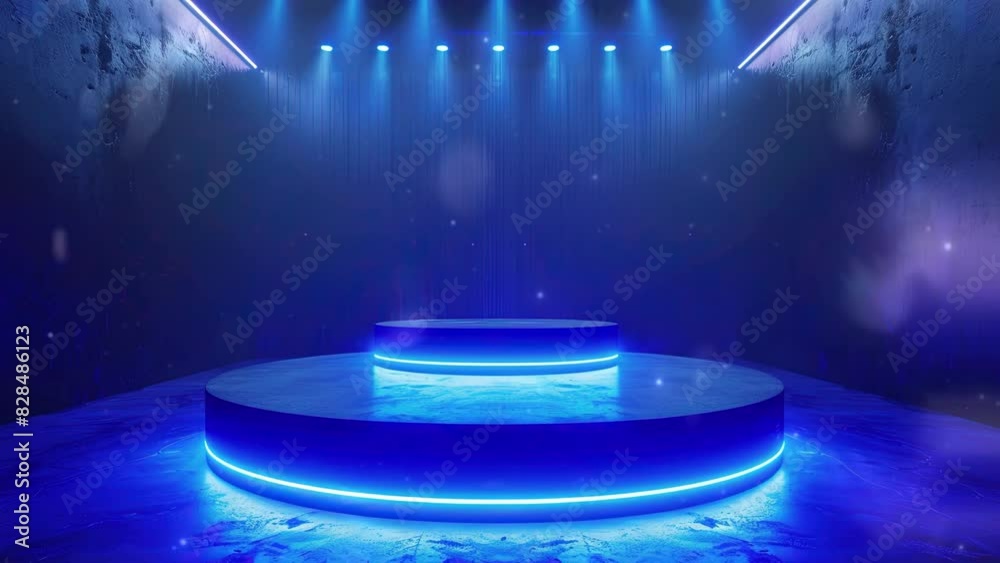 Speaker podium. Podium winner. Podium fashion. Blue spotlights, stage lights, beautiful lighting. Comedy night background template. a blue round podium on a technologic with blue lights. Pure color
