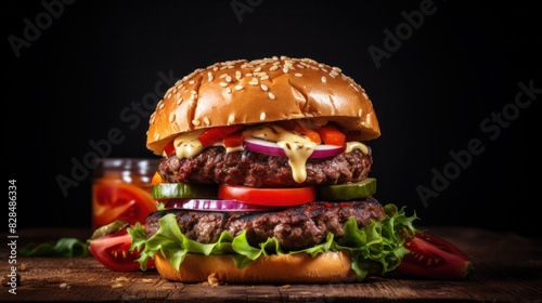Delicious burgers on a wooden table  background  wooden wall  breakfast with text space.