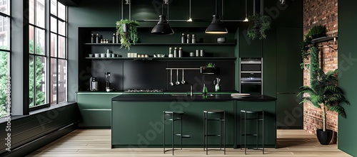 Sophisticated kitchen featuring deep green cabinets, black open shelving, and modern industrial light fixtures