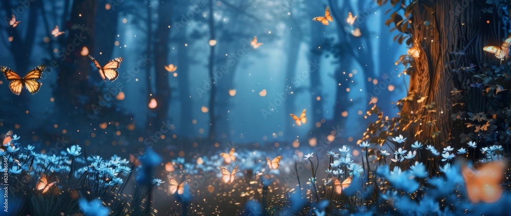 A vast and enchanted fantasy forest filled with glowing butterflies. A vast and enchanted fantasy forest filled with glowing butterflies.