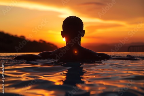 Silhouetted Swimmer at Sunset  Serene Outdoor Pool Scene Reflecting Warm Sky Colors - Perfect for Summer Design and Vacation Themes