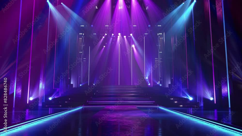 Speaker podium. Podium winner. Podium fashion. Blue spotlights, stage lights, beautiful lighting. Comedy night background template. a blue round podium on a technologic with blue lights. Pure color